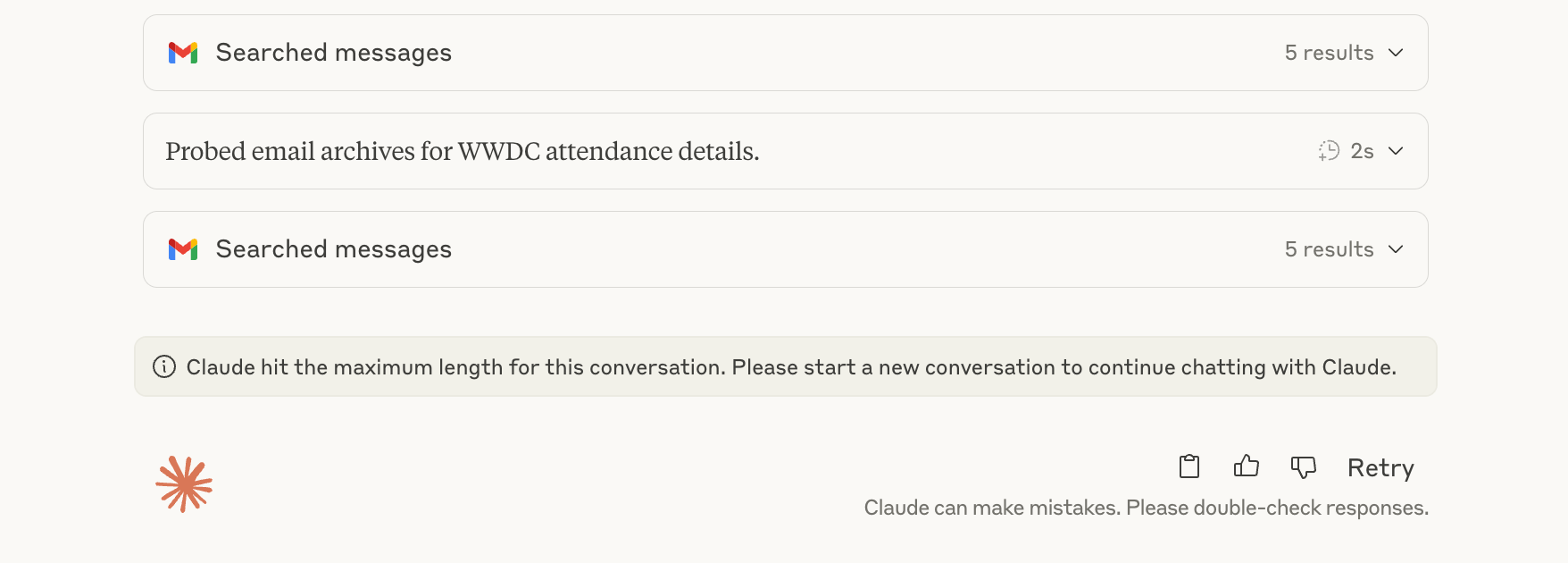 Opus 4 could not search years’ worth of messages in Gmail.