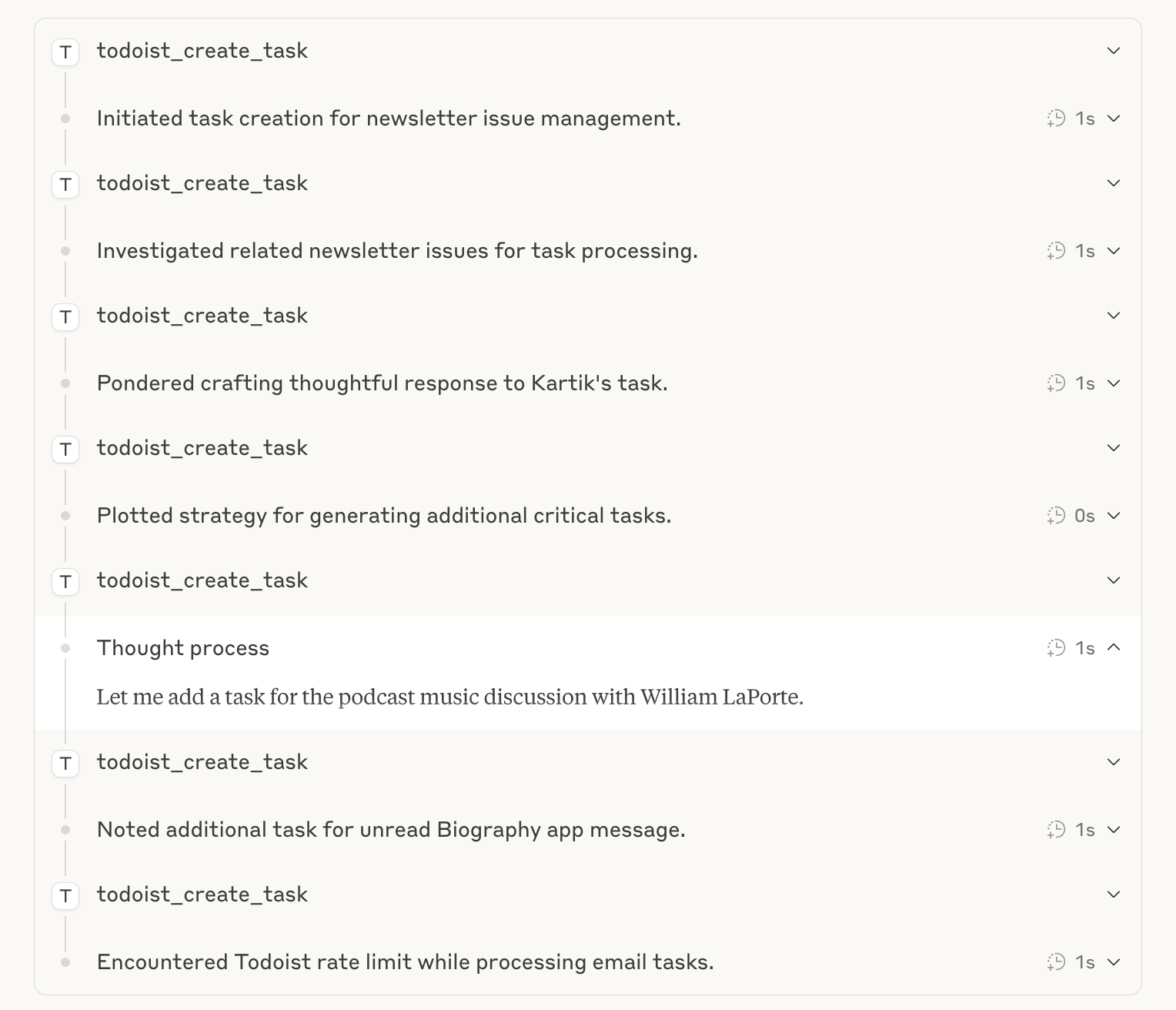 Thinking steps between Zapier tool calls.