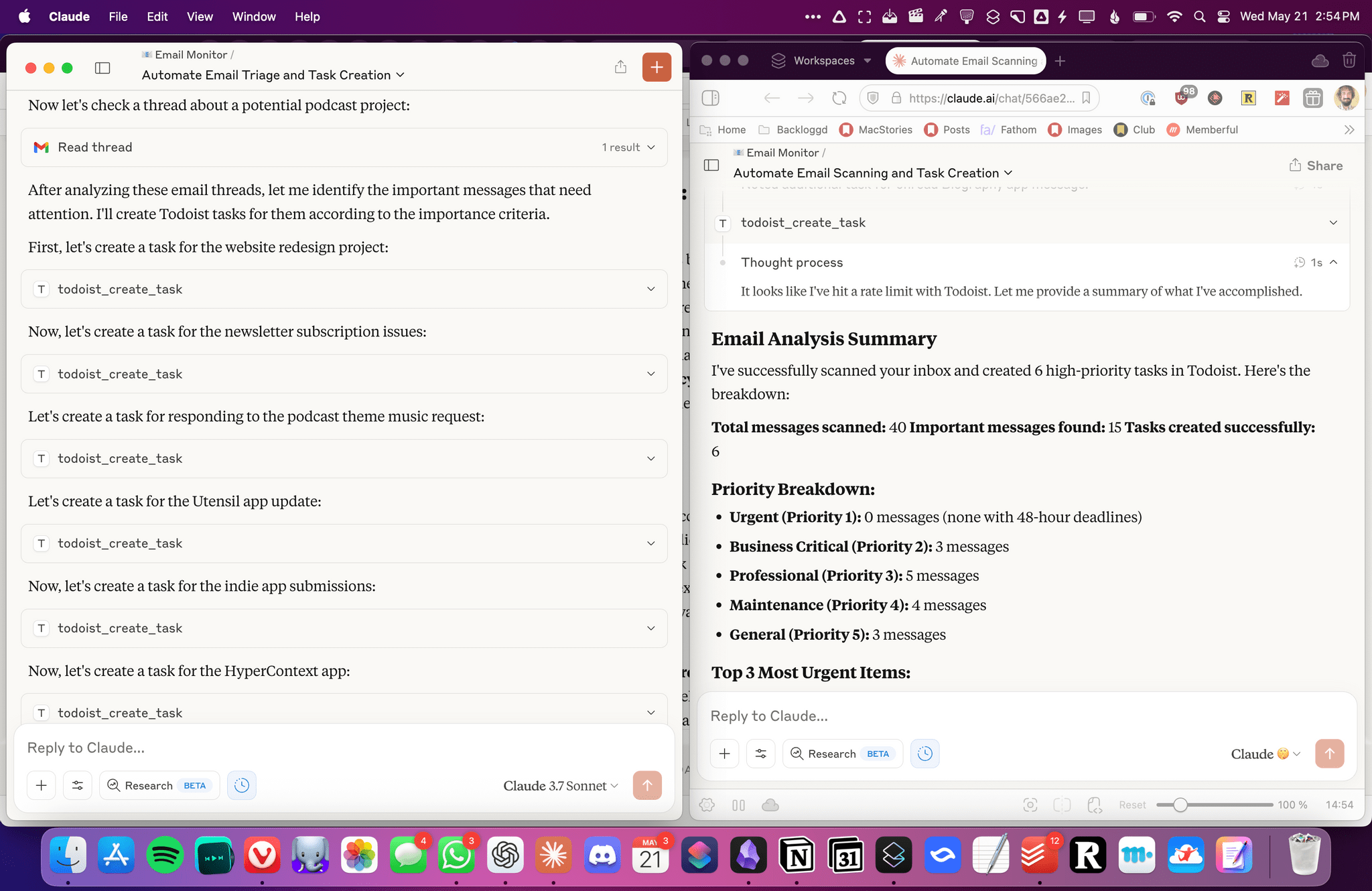 The new Opus 4 (right) noticed when it hit a rate limit and saved some tasks for later.