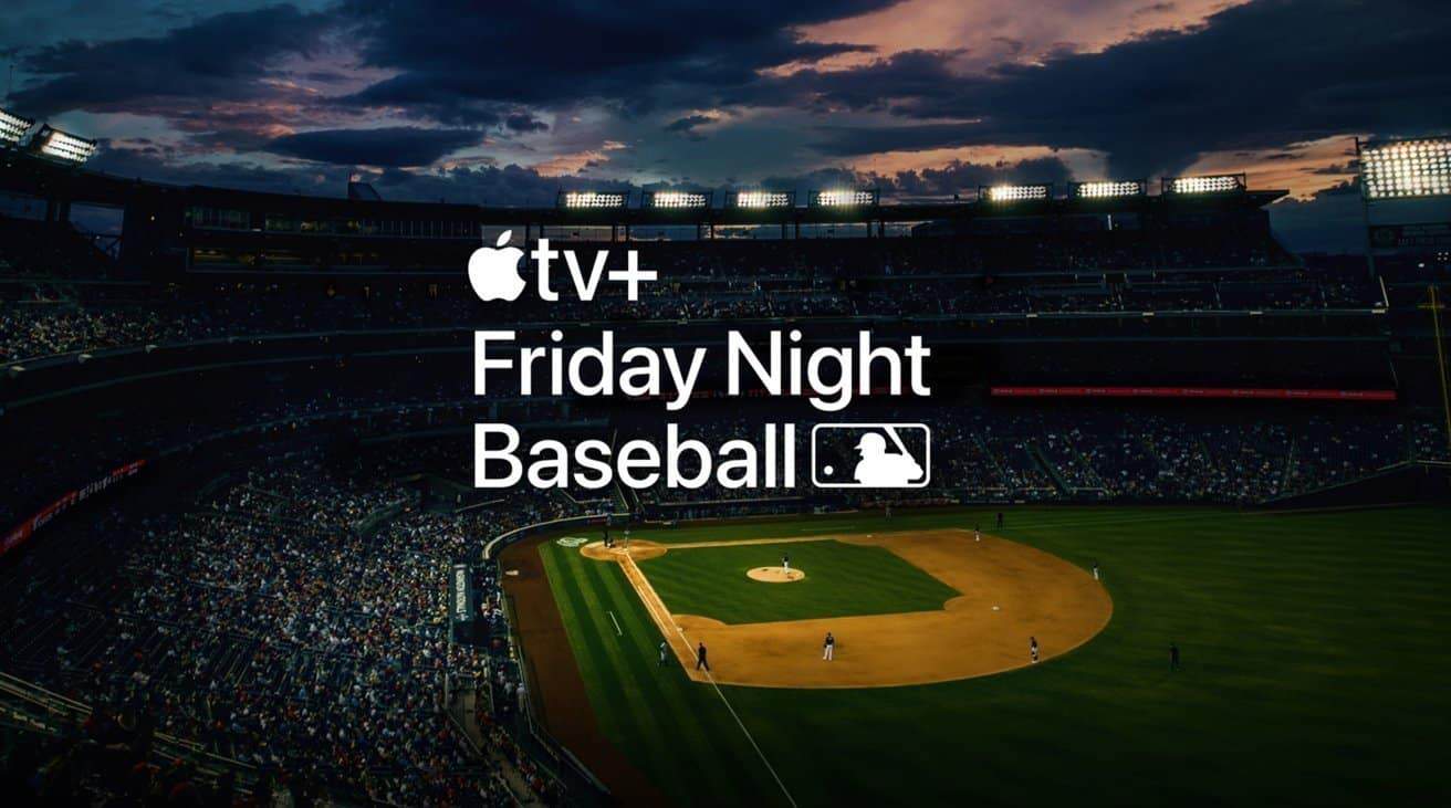 Baseball field under evening sky with stadium lights, 'Apple TV+ Friday Night Baseball' text overlay, large crowd in the stands.