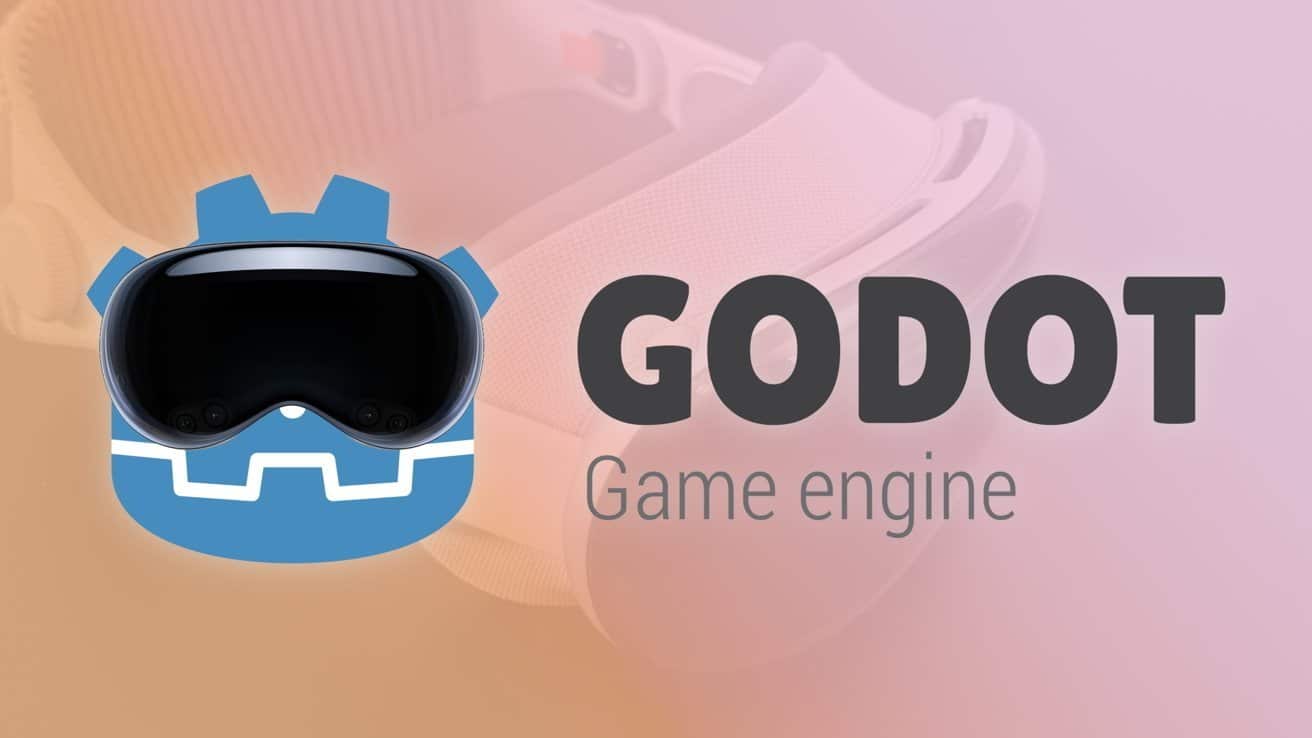 A stylized blue robot face with dark visor next to text saying 'Godot Game Engine' on a soft orange and pink background.