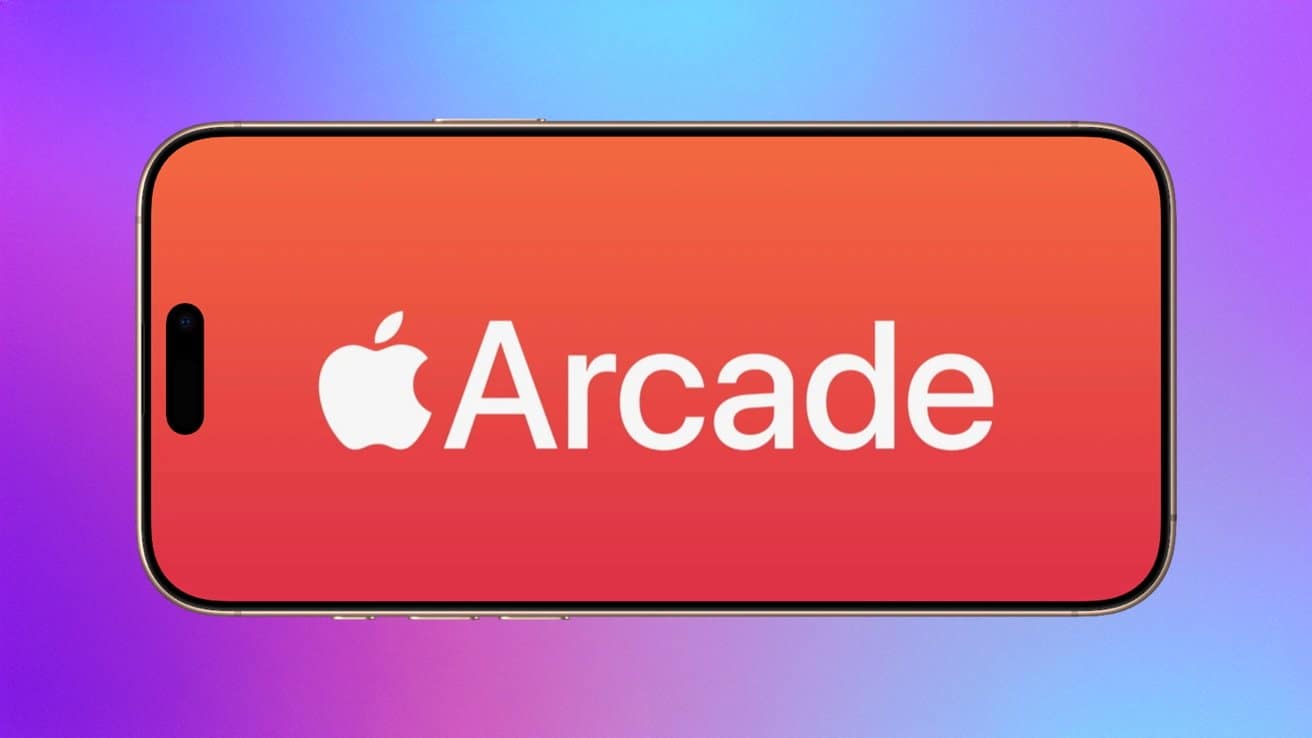 Smartphone screen displaying Apple Arcade logo on a red gradient background, with a purple and blue gradient in the surrounding area.