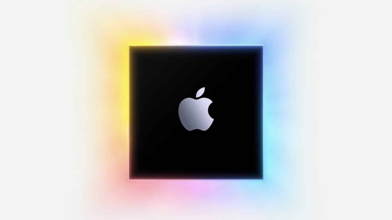 A silver apple logo centered on a black square with a vibrant, glowing border of blue, yellow, and pink hues.