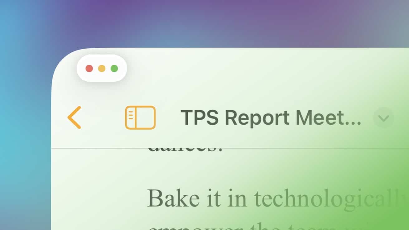 Computer screen with a partially visible document titled TPS Report Meet, colorful window controls, and blurred text in the background.