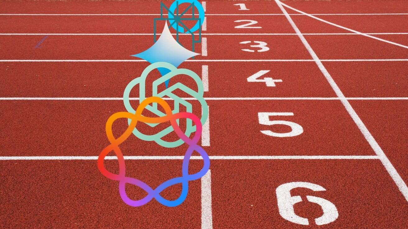 Intersecting colorful abstract shapes over red running track lanes numbered one to six.