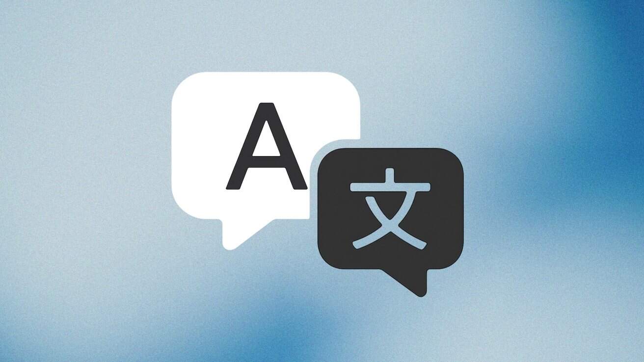 Two overlapping speech bubbles on a blue gradient background, one white with the letter A and one black with Asian characters.