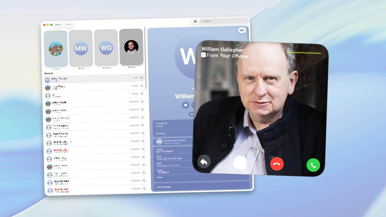 Video call interface displaying a person's close-up with contact list and recent calls on a blurred background.