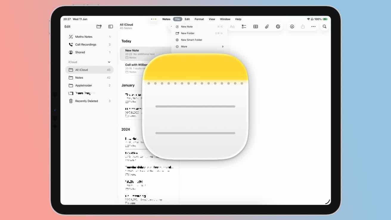 Tablet screen showing Apple Notes app with note folders on the left and a large icon of the Notes app in the center.