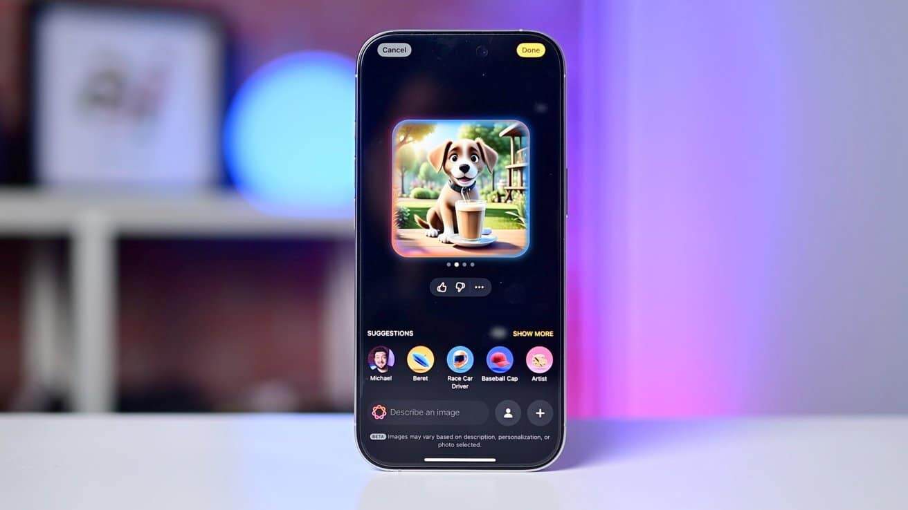 Smartphone displays a cute animated puppy with a cappuccino. Vibrant blue and pink lighting in the background. Various icon suggestions visible below the main screen.
