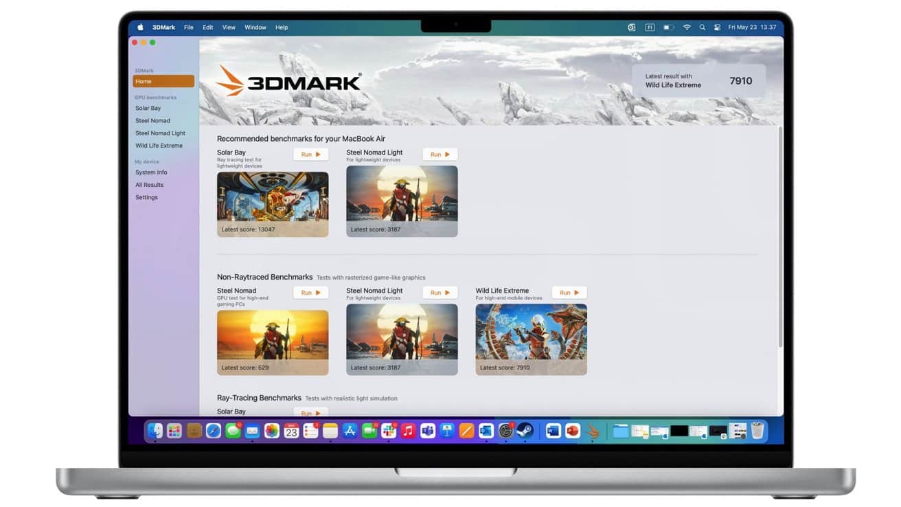 3DMark benchmarking software on laptop screen showing test results and scores for various graphics tests including Solar Bay, Steel Nomad Light, and Wild Life Extreme.