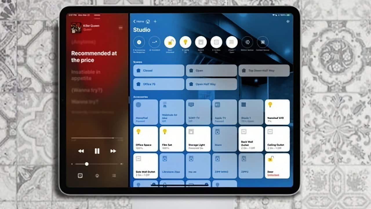 Tablet displaying music player on the left and smart home controls on the right, featuring lighting and accessory options against a patterned background.