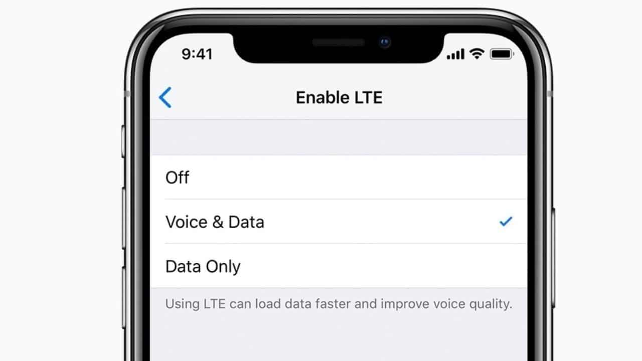 Smartphone screen displaying LTE settings with options: Off, Voice & Data (selected), Data Only, and a note on faster data and voice quality improvement.