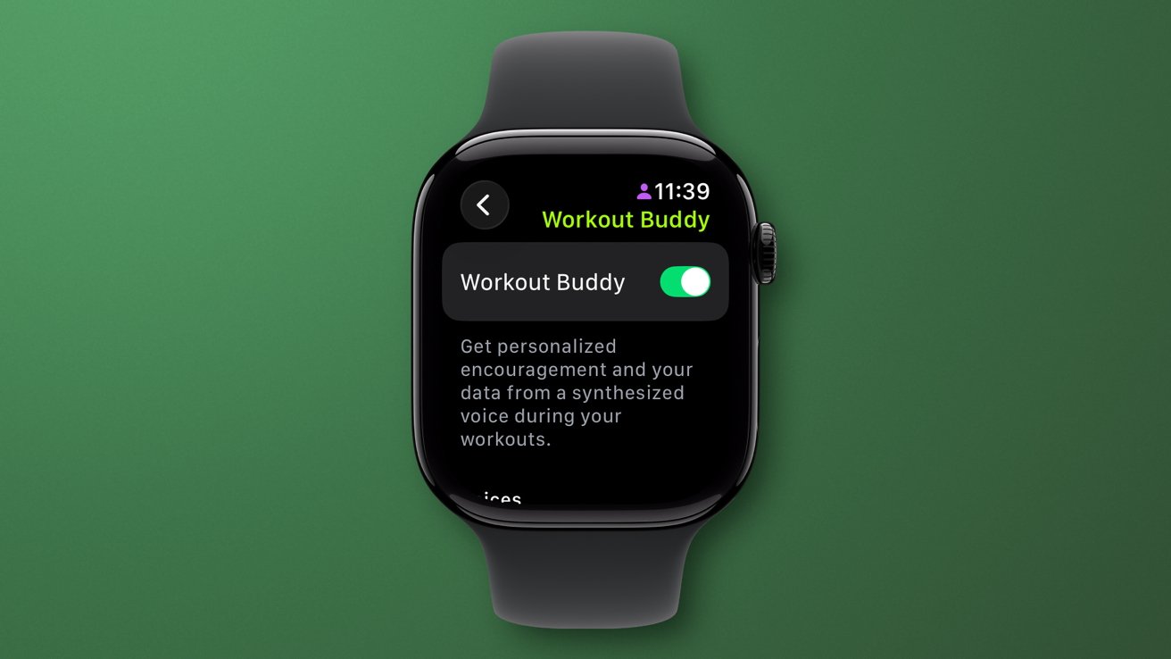 Smartwatch with Workout Buddy app on screen, toggle switch turned on, providing personalized encouragement and data through a synthesized voice during workouts. Black band on green background.