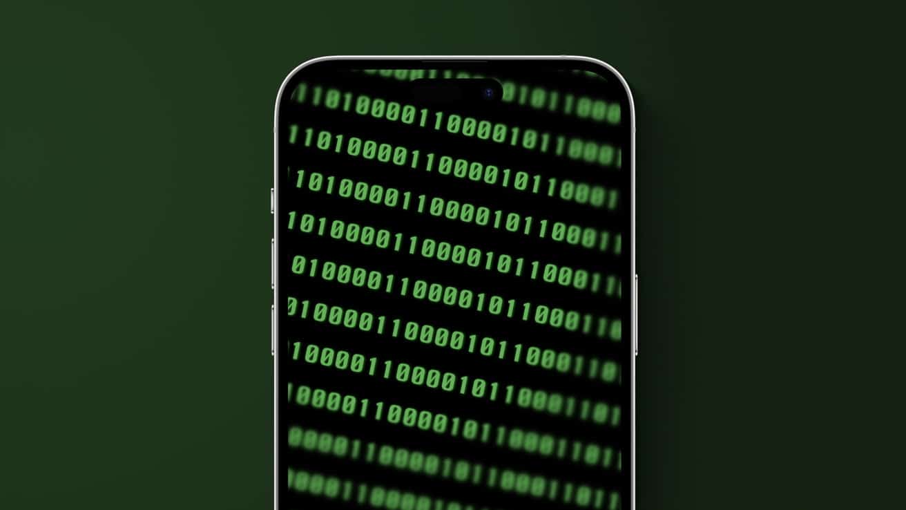 Smartphone displaying green binary code on the screen, surrounded by a dark green background.