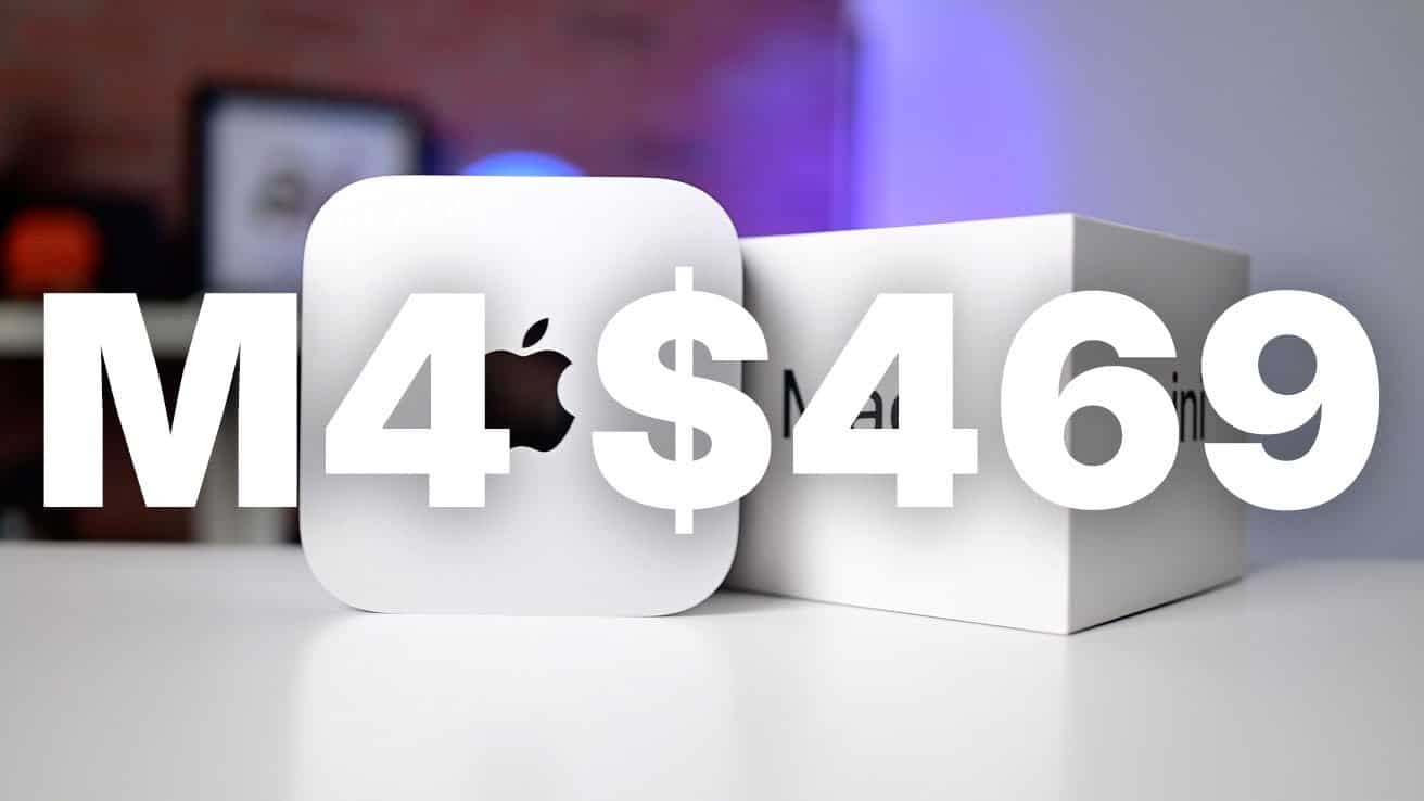 Mac mini with a visible Apple logo and price text overlay of $469, set against a blurred background.