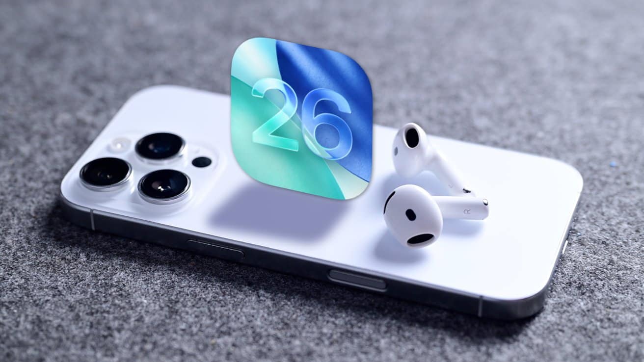 Smartphone and wireless earbuds on gray surface with a floating app icon displaying the number 26 in blue and green hues.