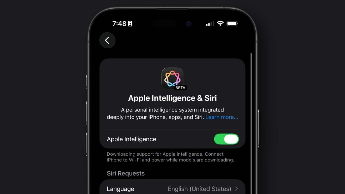 iPhone screen showing Apple Intelligence & Siri settings with beta icon, a description of the feature, and a toggle switch turned on.