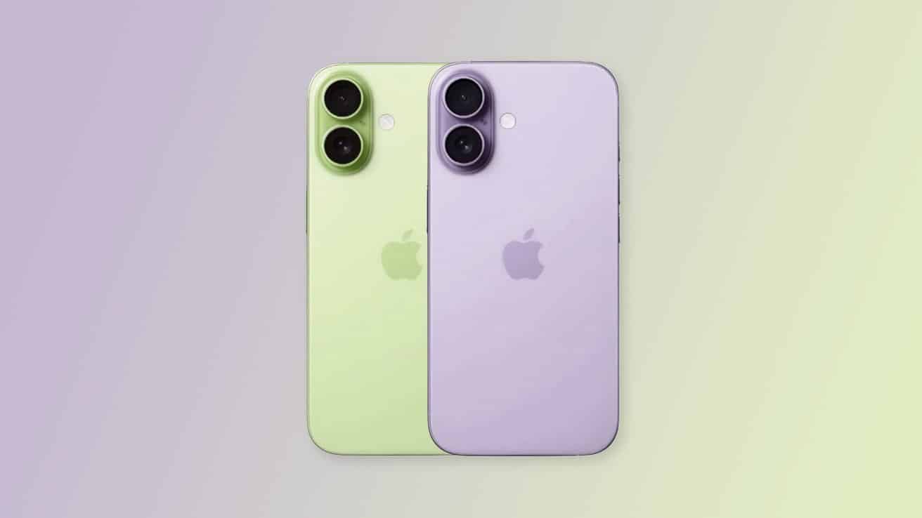 Two smartphones, one green and one purple, featuring dual rear cameras and the Apple logo, on a gradient pastel background.