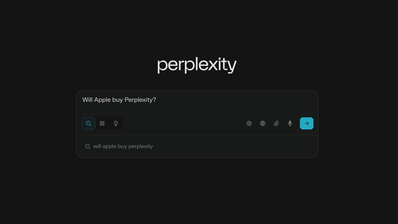 Black background with the word Perplexity in white, a search box below asks, Will Apple buy Perplexity?