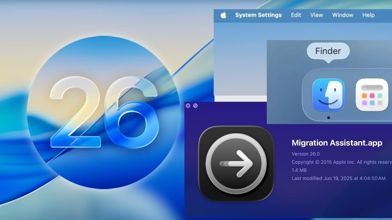 Number 26, System Settings menu bar, Finder icon, and Migration Assistant app details on a blue background.