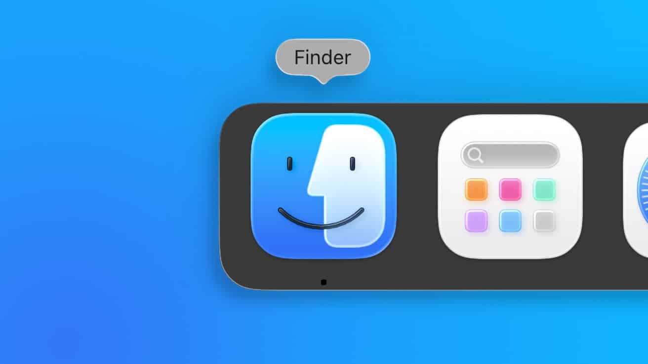 MacOS Finder icon with a blue smiling face on a dock background, labeled with a speech bubble saying 'Finder.'