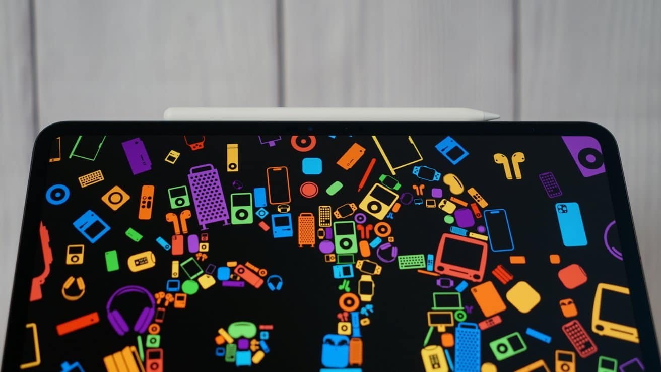 Colorful electronic device icons on a black screen, with a white stylus on top, set against a blurred light background.