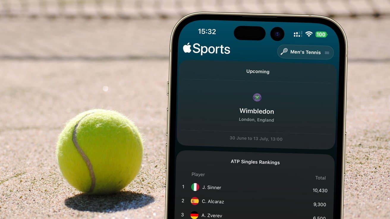 Smartphone displaying sports app with upcoming Wimbledon event, tennis ball on a sandy tennis court in the background.
