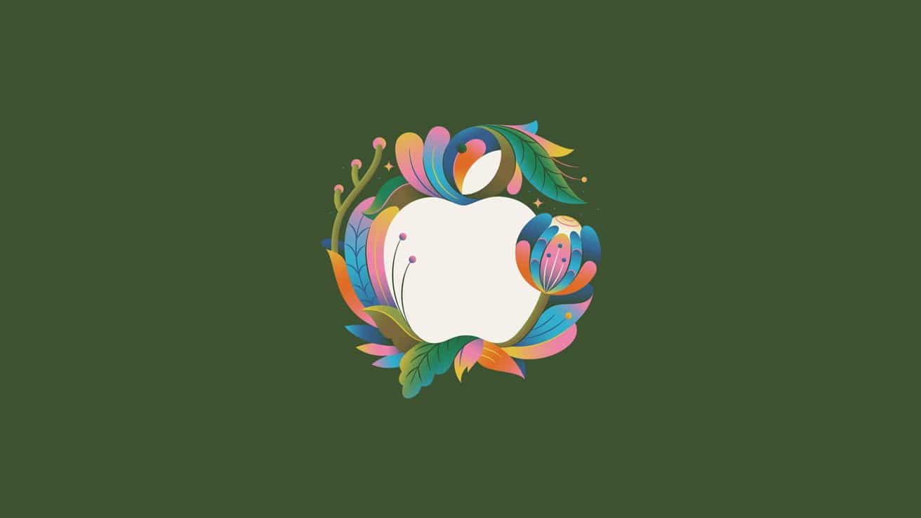 White apple logo surrounded by vibrant, multicolored abstract leaves and flowers on a dark green background.