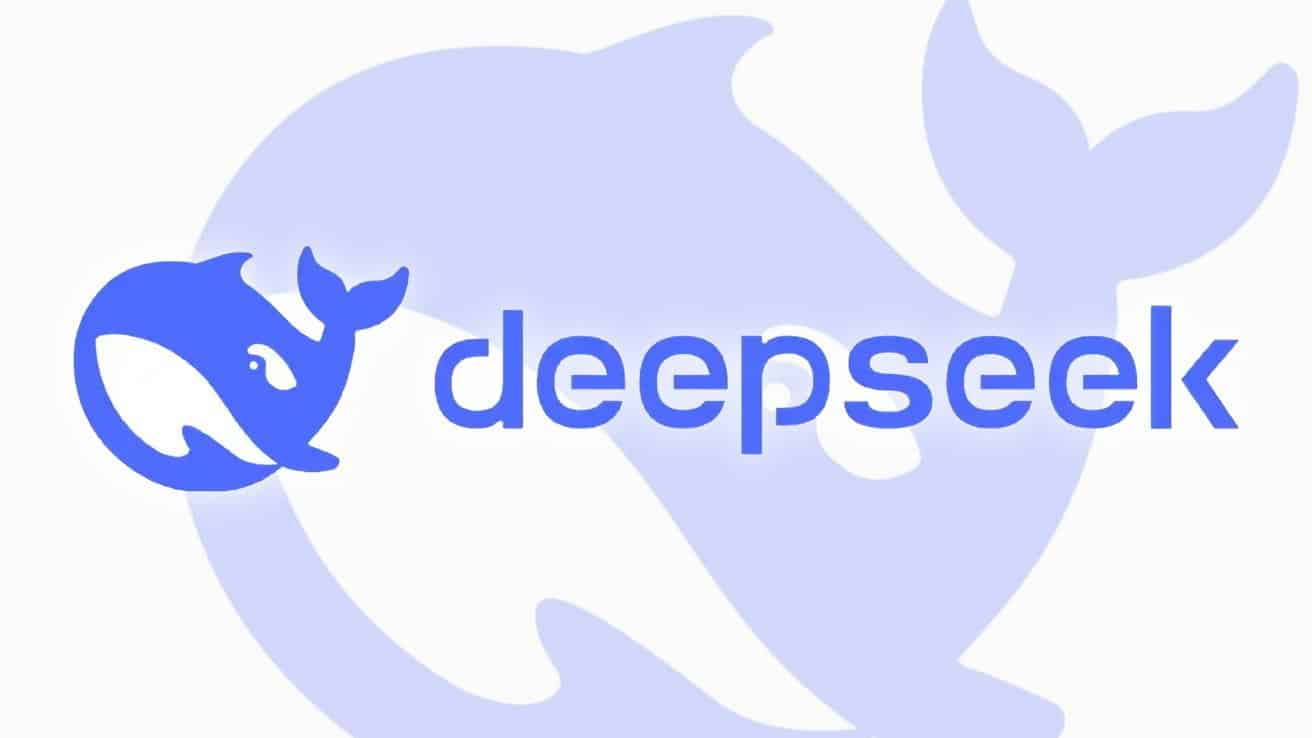Blue whale logo with the word 'deepseek' in lowercase, featuring a stylized whale shape in the background.