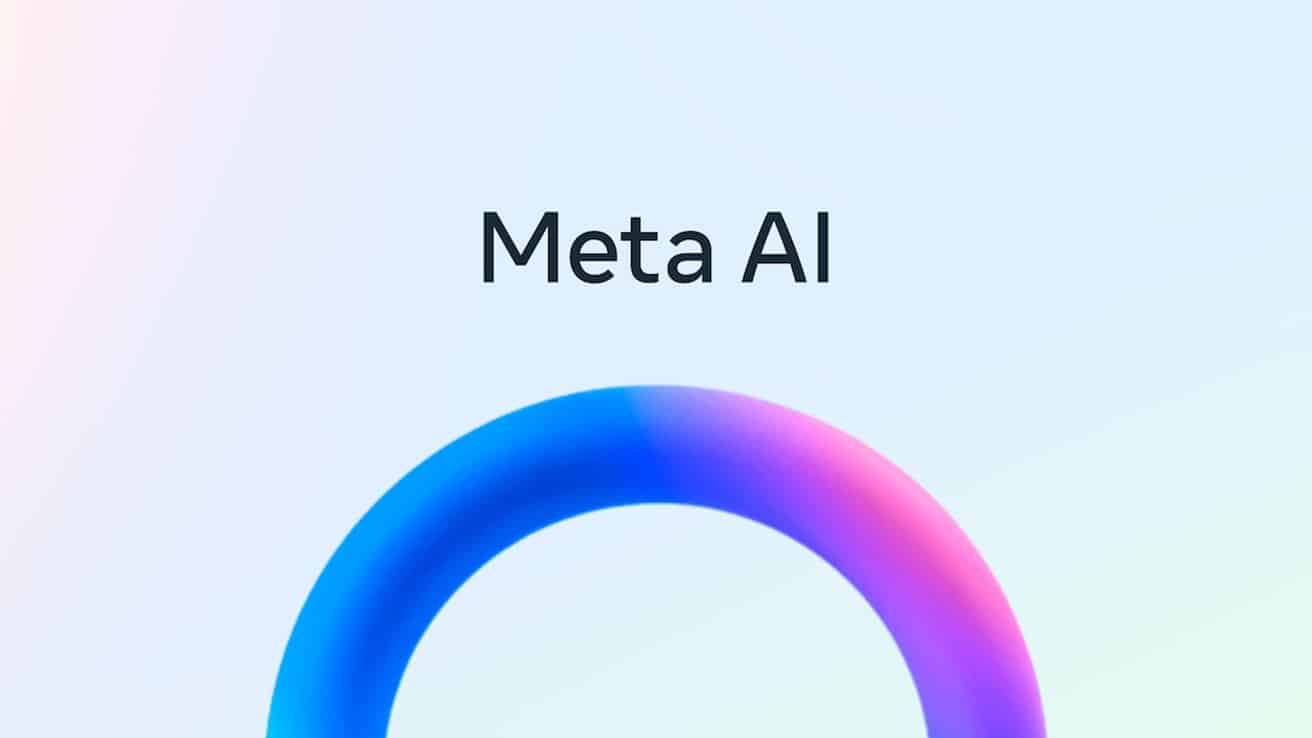 Text 'Meta AI' above a gradient arc transitioning from blue to pink on a light background.