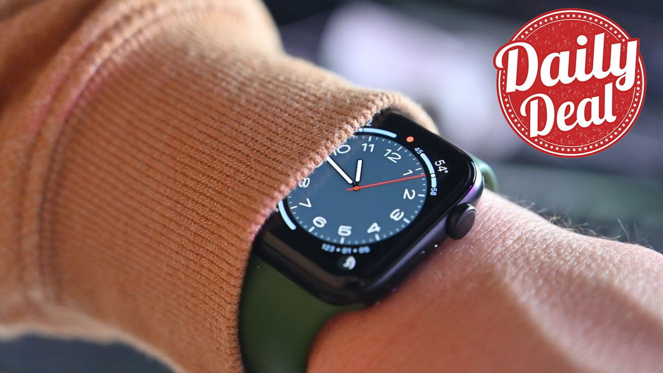 Apple Watch on a wrist wearing a brown sleeve, accompanied by a red badge indicating a daily deal offer.