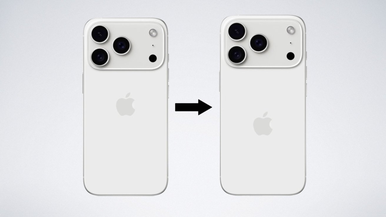 Two smartphones with the Apple logo; left has two rear cameras, right has three. A black right-pointing arrow between them.