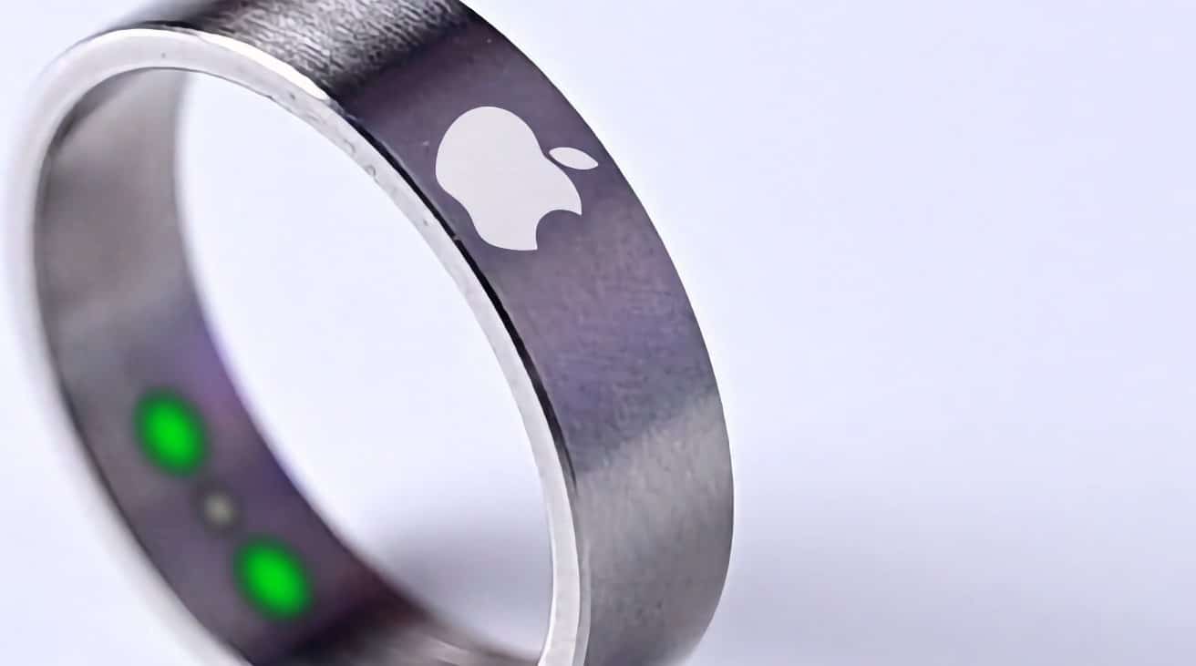A silver band with a stylized apple logo, featuring glowing green lights on the inner side against a white background.