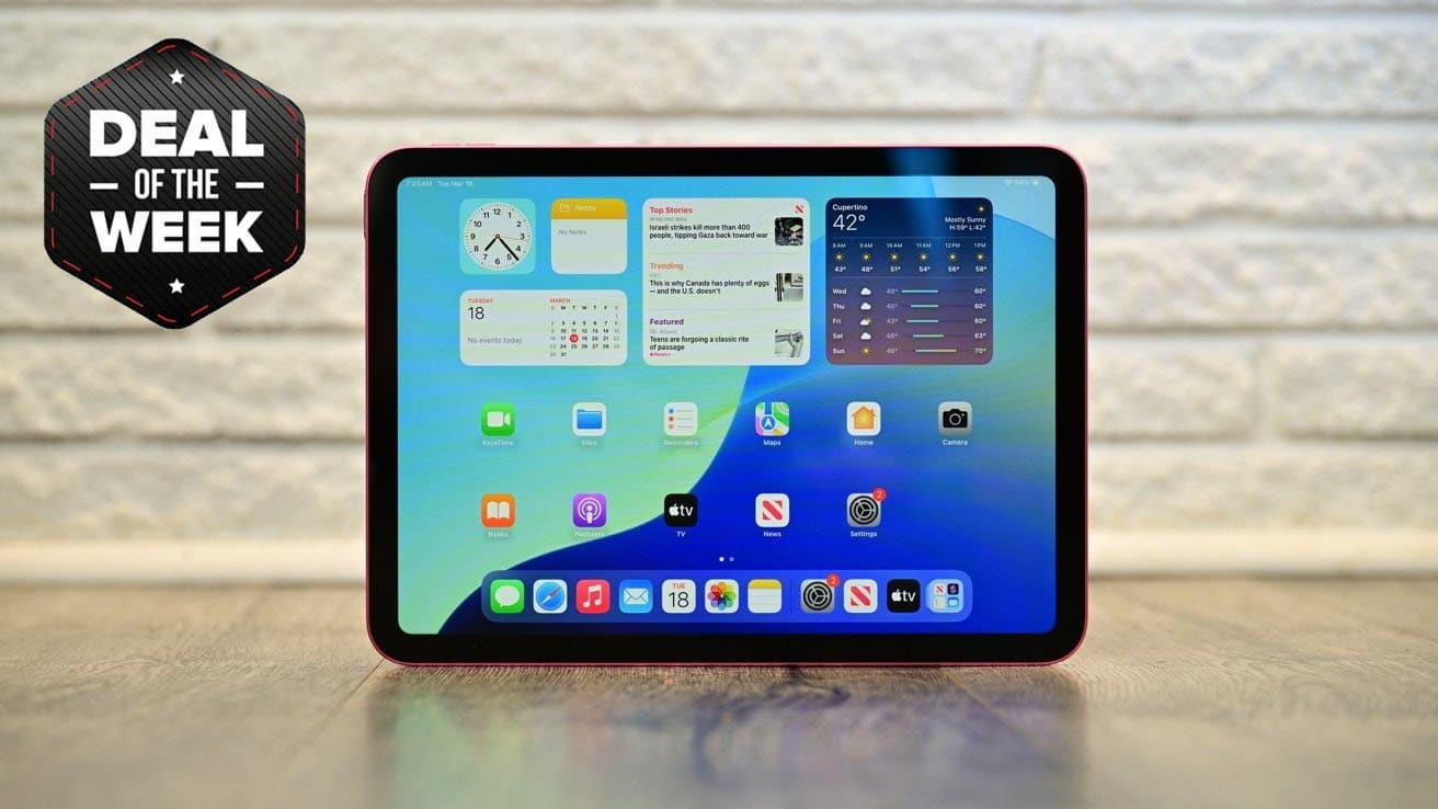 Apple iPad 11 displaying colorful app icons on wooden surface, with a 'Deal of the Week' badge in the top left corner.