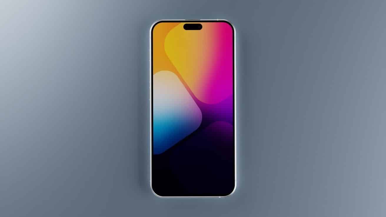 Smartphone with a colorful gradient wallpaper on display, featuring hues of orange, pink, blue, and purple, set against a simple gray background.