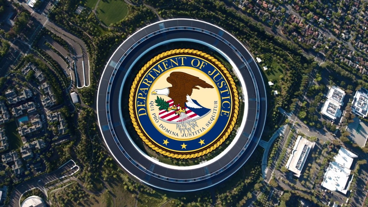 Aerial view of a circular building with a superimposed Department of Justice seal over a wooded area and surrounding urban landscape.