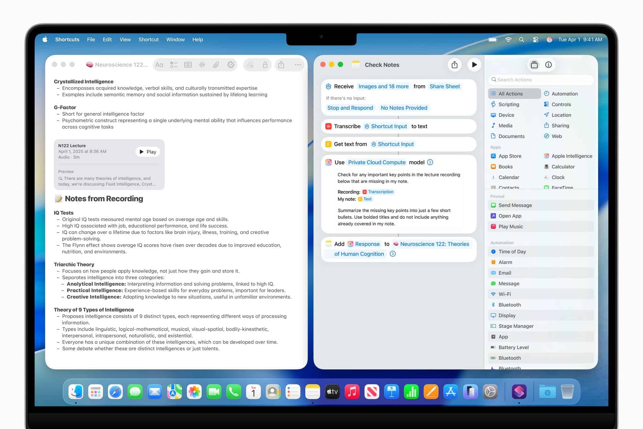 Apple showcased intelligent actions in macOS Tahoe, here summarizing a document in Apple Notes using its Private Cloud Compute model. Source: Apple.