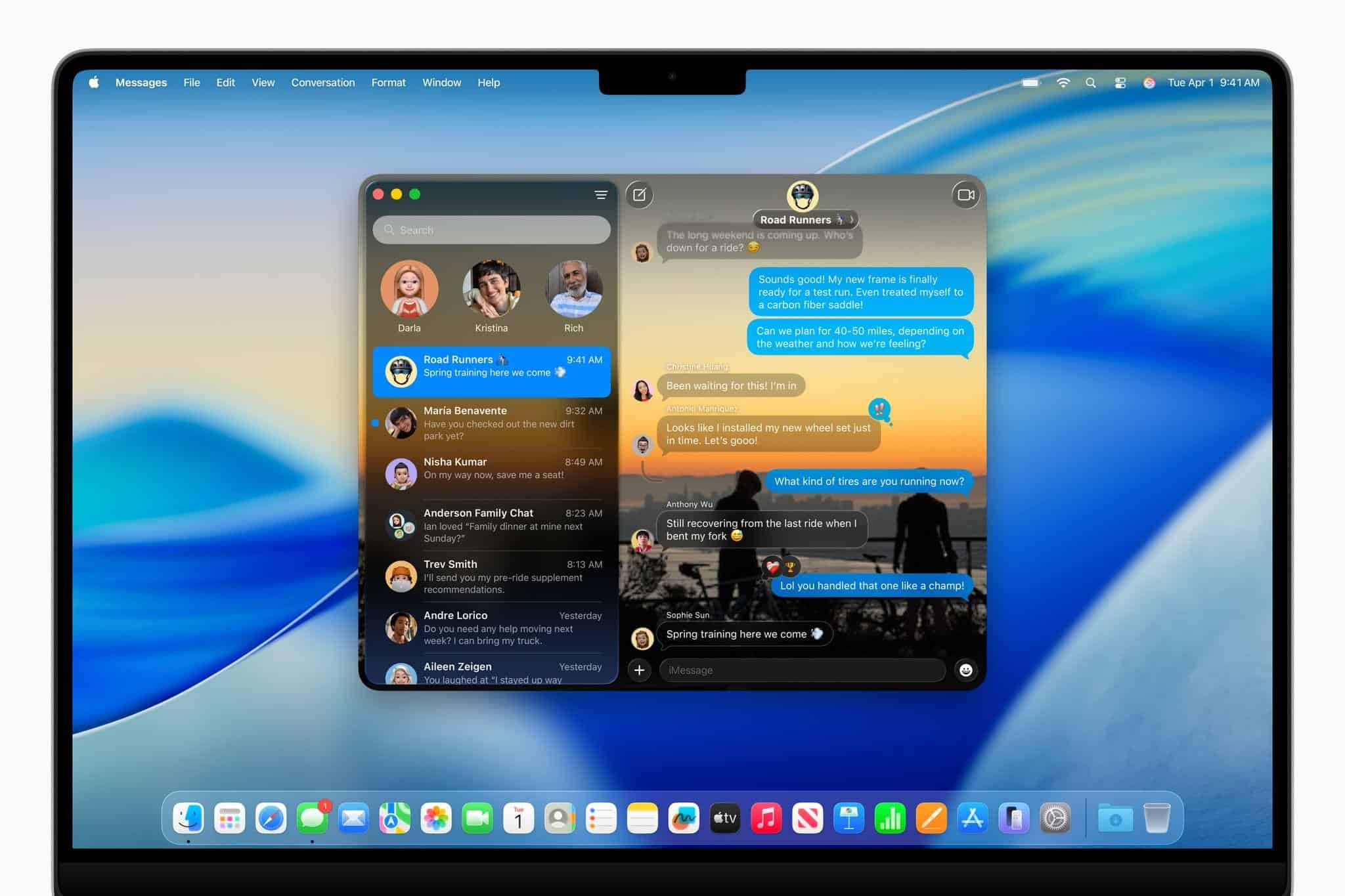 The redesigned Messages app in macOS Tahoe with a custom background. Source: Apple.