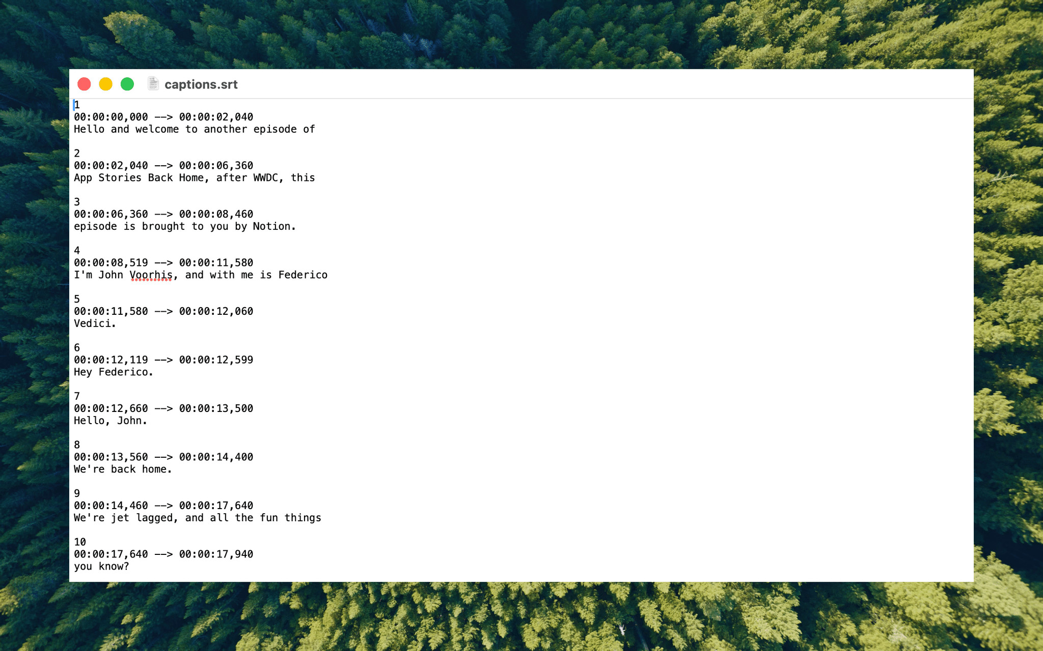 An SRT file generated by Yap.