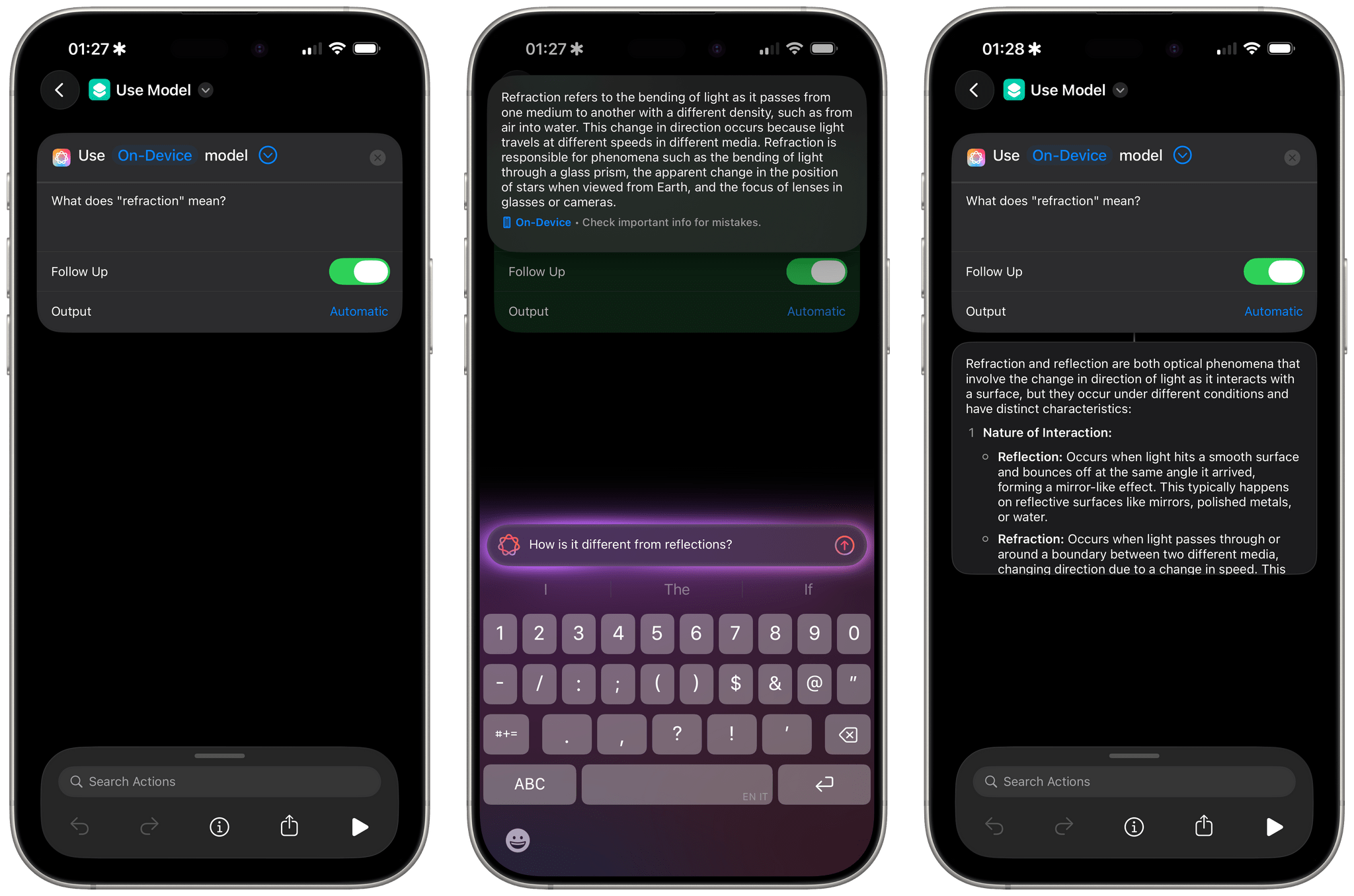Having a conversation with Apple's local model from Shortcuts.