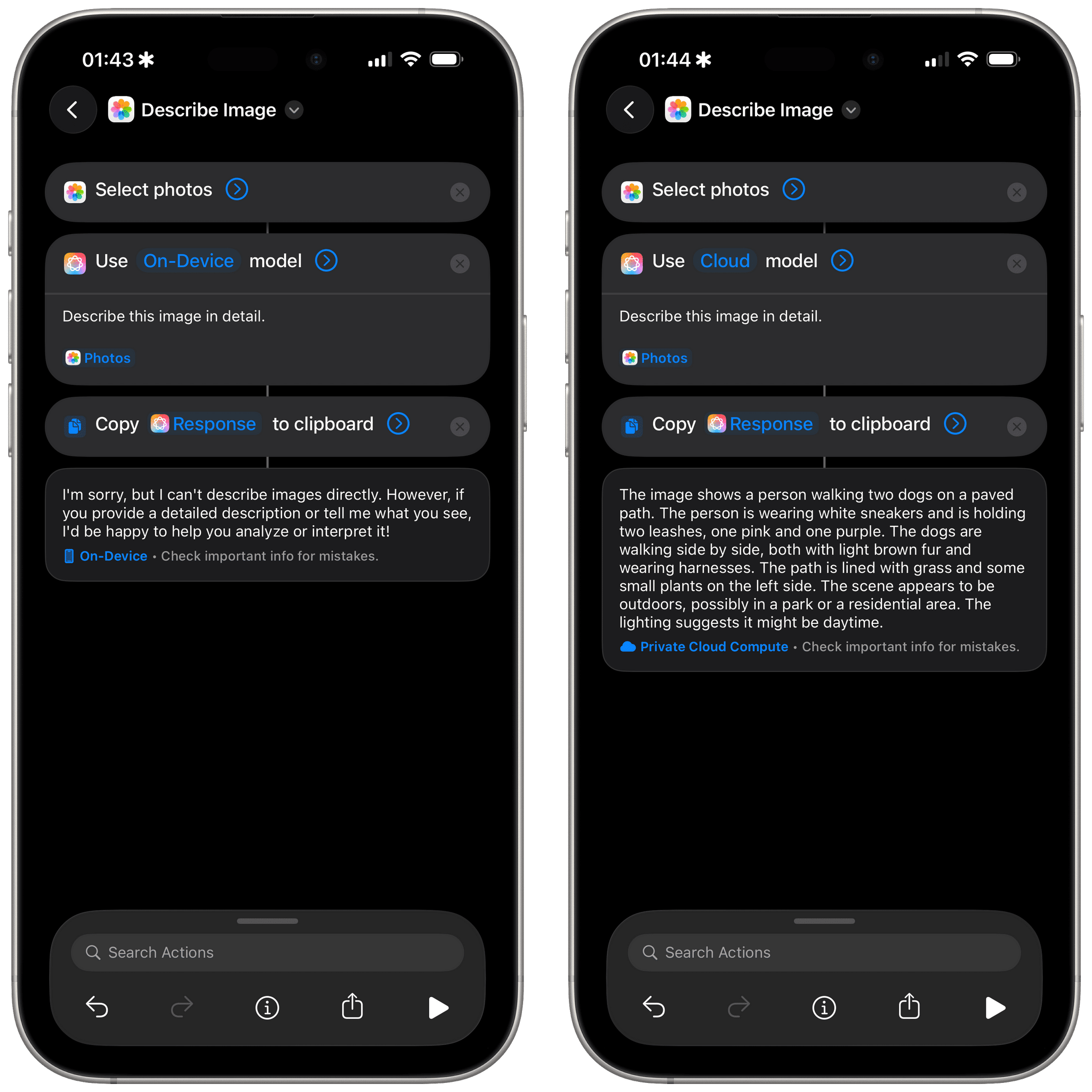 Testing the vision capabilities of Apple's models in Shortcuts.