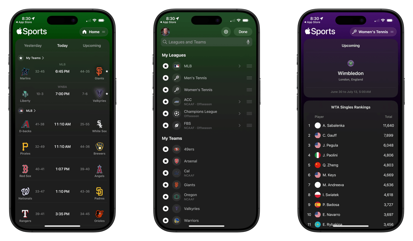 Three smartphone screenshots of a sports app. The first shows a home screen with sports scores and team logos. The second displays a list of leagues and teams. The third shows WTA singles rankings for women's tennis, with player names and scores.