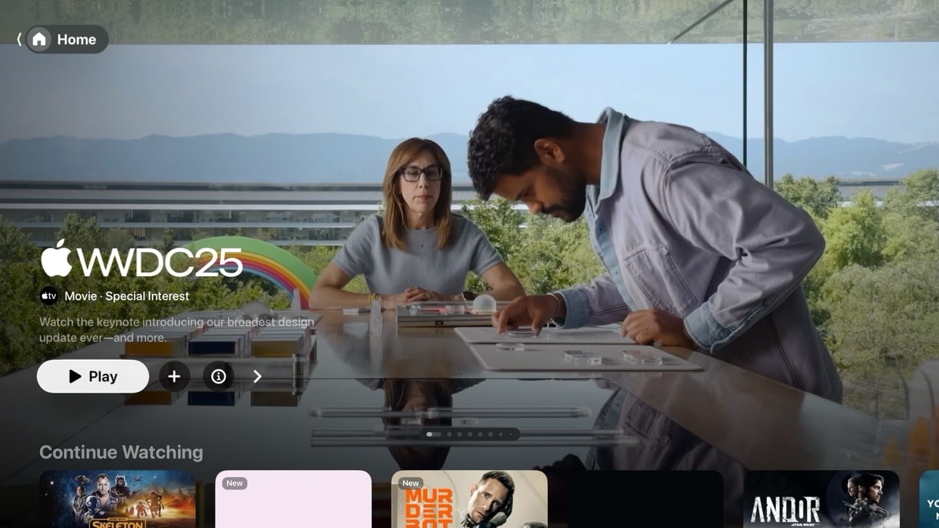 A screenshot of the TV app in tvOS 26 beta 1 showing a splash screen image for WWDC 2025. The text overlay on the image refers to it as a 'Movie - Special Interest'
