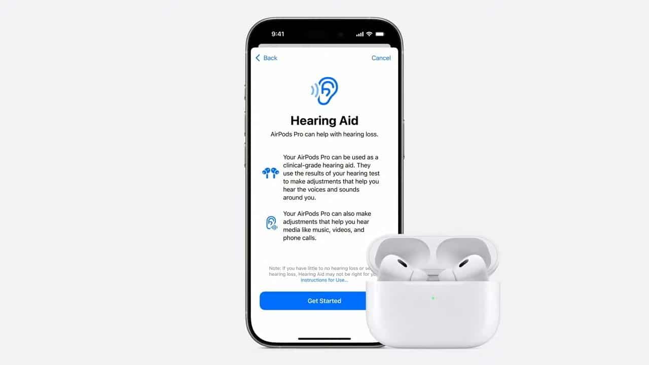 Smartphone display shows a hearing aid app for AirPods Pro, with text about using them for hearing assistance. AirPods in a charging case are placed below.