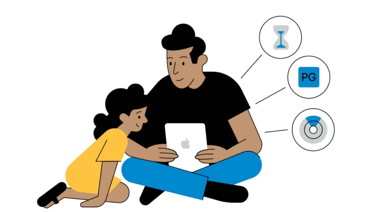 Man and girl with tablet, sitting together. Symbols of hourglass, PG rating, and Wi-Fi are nearby.