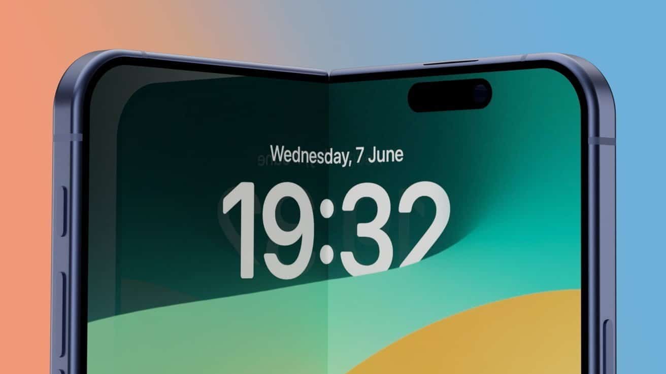 Foldable smartphone displaying time 19:32 and date Wednesday, 7 June on a vibrant screen with a gradient background, showing the hinge in the middle.