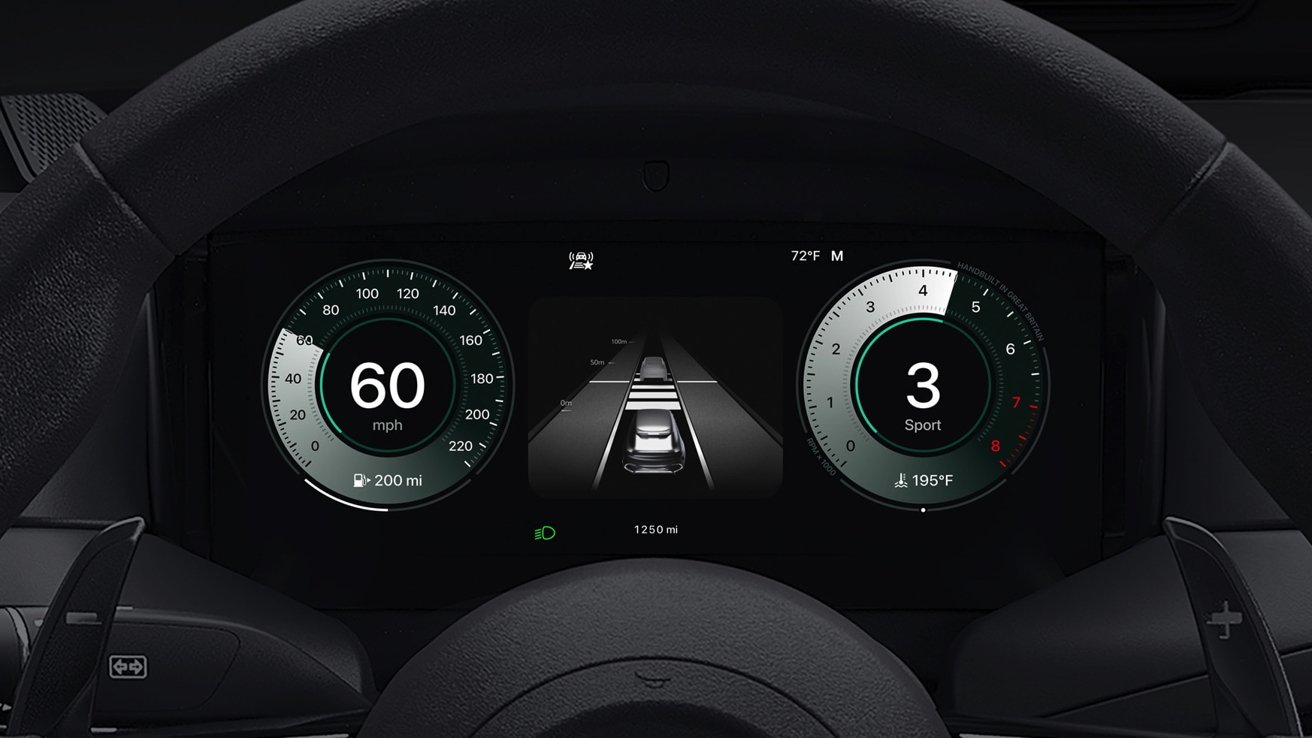 Car dashboard display with speedometer showing 60 mph, driving mode indicator, and central lane assistance graphic depicting surrounding vehicles.