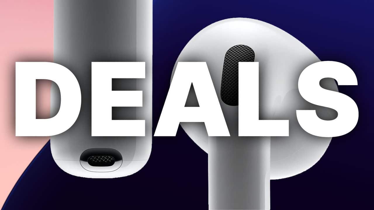 The word 'DEALS' overlaid on close-up views of AirPods earbuds with a pink and dark blue background.