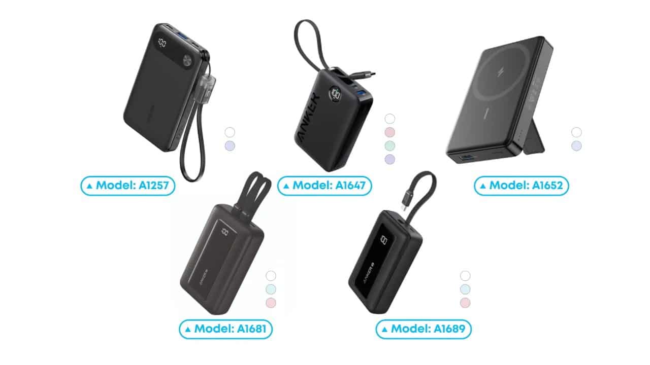 Five black Anker power banks with straps, each labeled with model numbers: A1257, A1647, A1652, A1681, and A1689. Each has color-coded circles beside them.