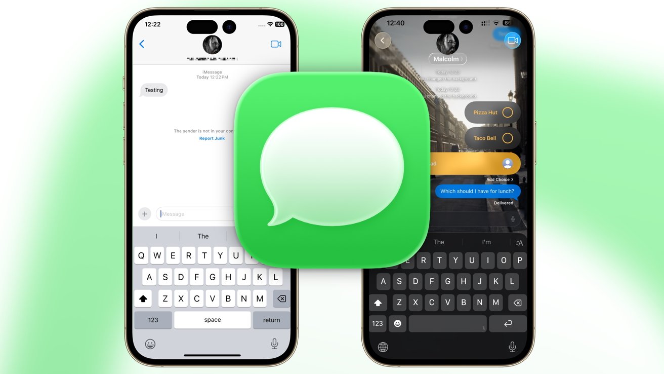 Two smartphones showing text messaging apps, one in light mode and the other in dark mode, with a large green messaging app icon centered between them.